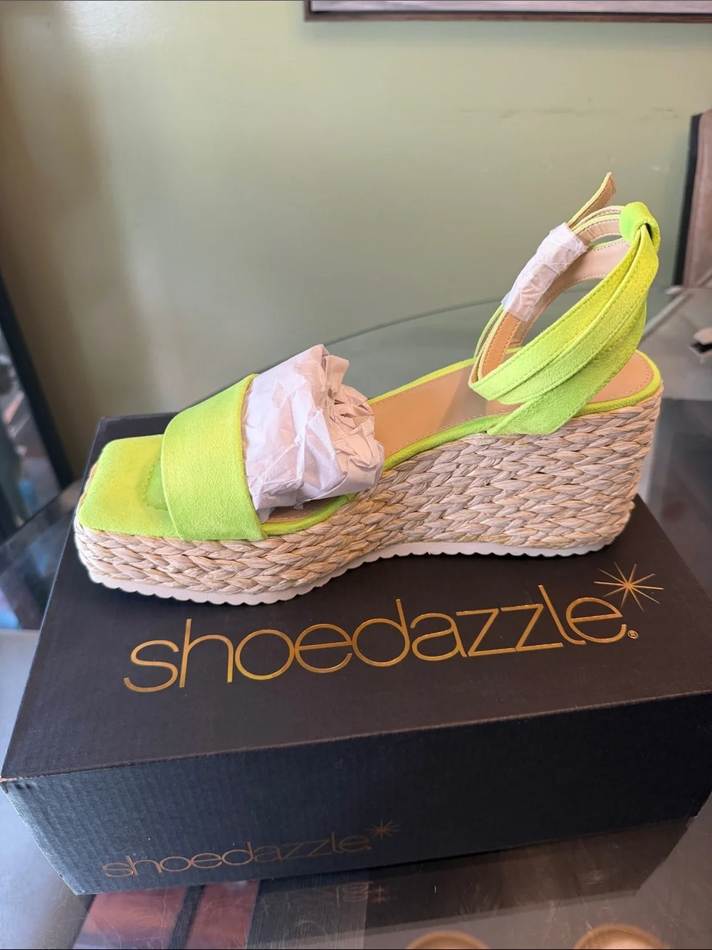 Shoe Dazzle Lime Green Espadrille Wedge Sandals